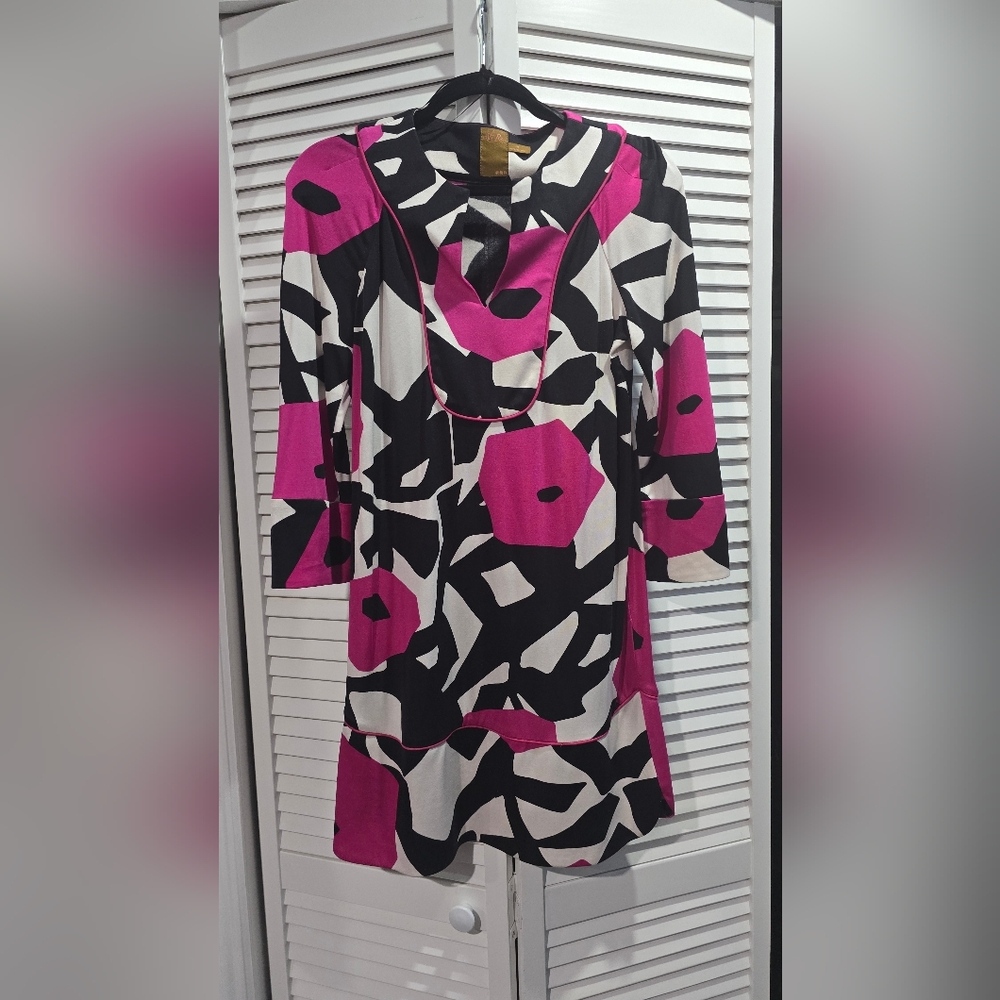 Ali Ro Vibrant Pink and Black Long Sleeve Dress, Size 4